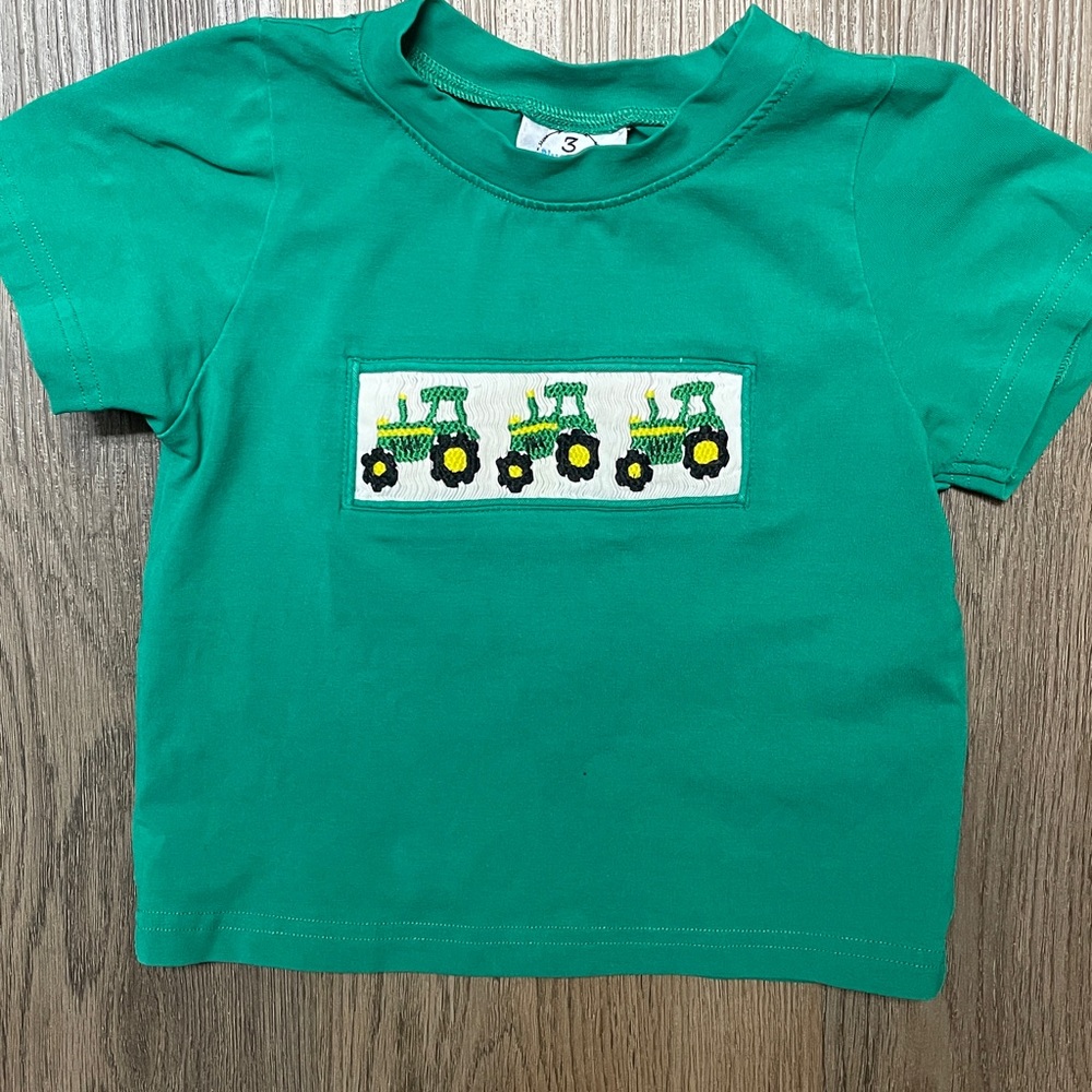 Green tractor smocked 18 month shirt, 3 blue eyed boys